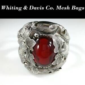 Vintage Whiting & Davis Hinged Cuff Bracelet, Red Glass Cabochon, Rhodium Plated